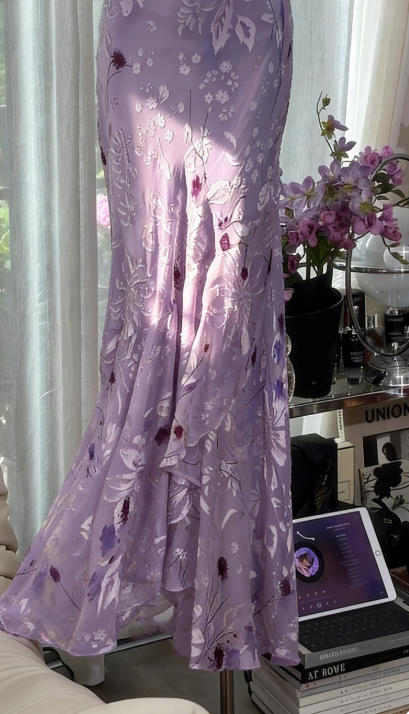 Glam Vintage Sheath Prom Dresses Chiffon Floral Purple Long Formal Dresses Beaded Wedding Guest Dresses  ED03618