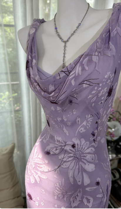 Glam Vintage Sheath Prom Dresses Chiffon Floral Purple Long Formal Dresses Beaded Wedding Guest Dresses  ED03618