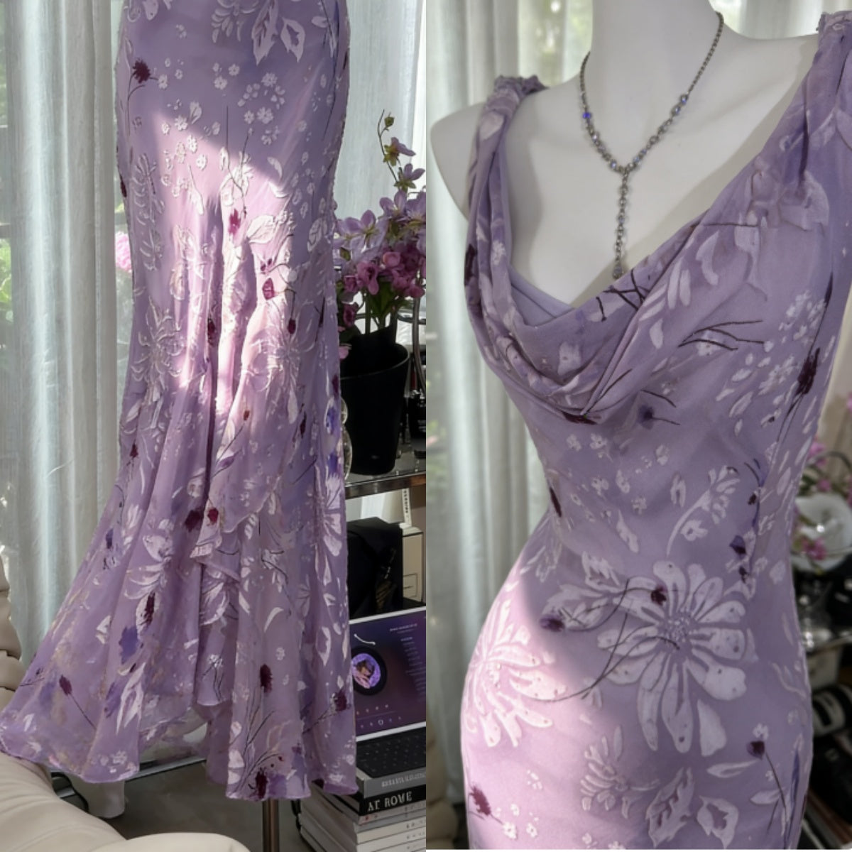 Glam Vintage Sheath Prom Dresses Chiffon Floral Purple Long Formal Dresses Beaded Wedding Guest Dresses  ED03618