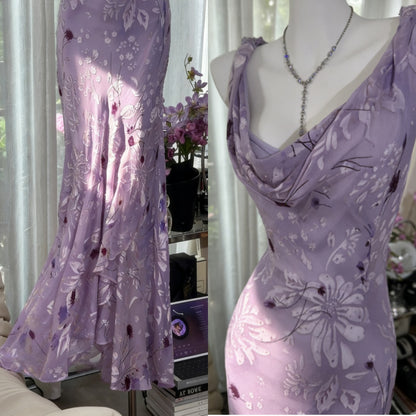 Glam Vintage Sheath Prom Dresses Chiffon Floral Purple Long Formal Dresses Beaded Wedding Guest Dresses  ED03618