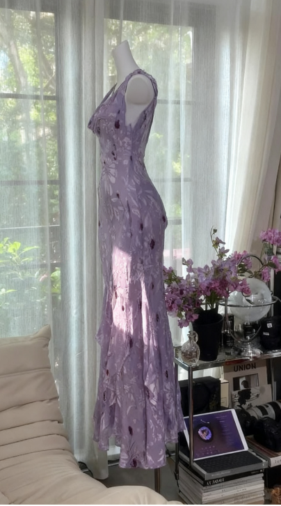 Glam Vintage Sheath Prom Dresses Chiffon Floral Purple Long Formal Dresses Beaded Wedding Guest Dresses  ED03618