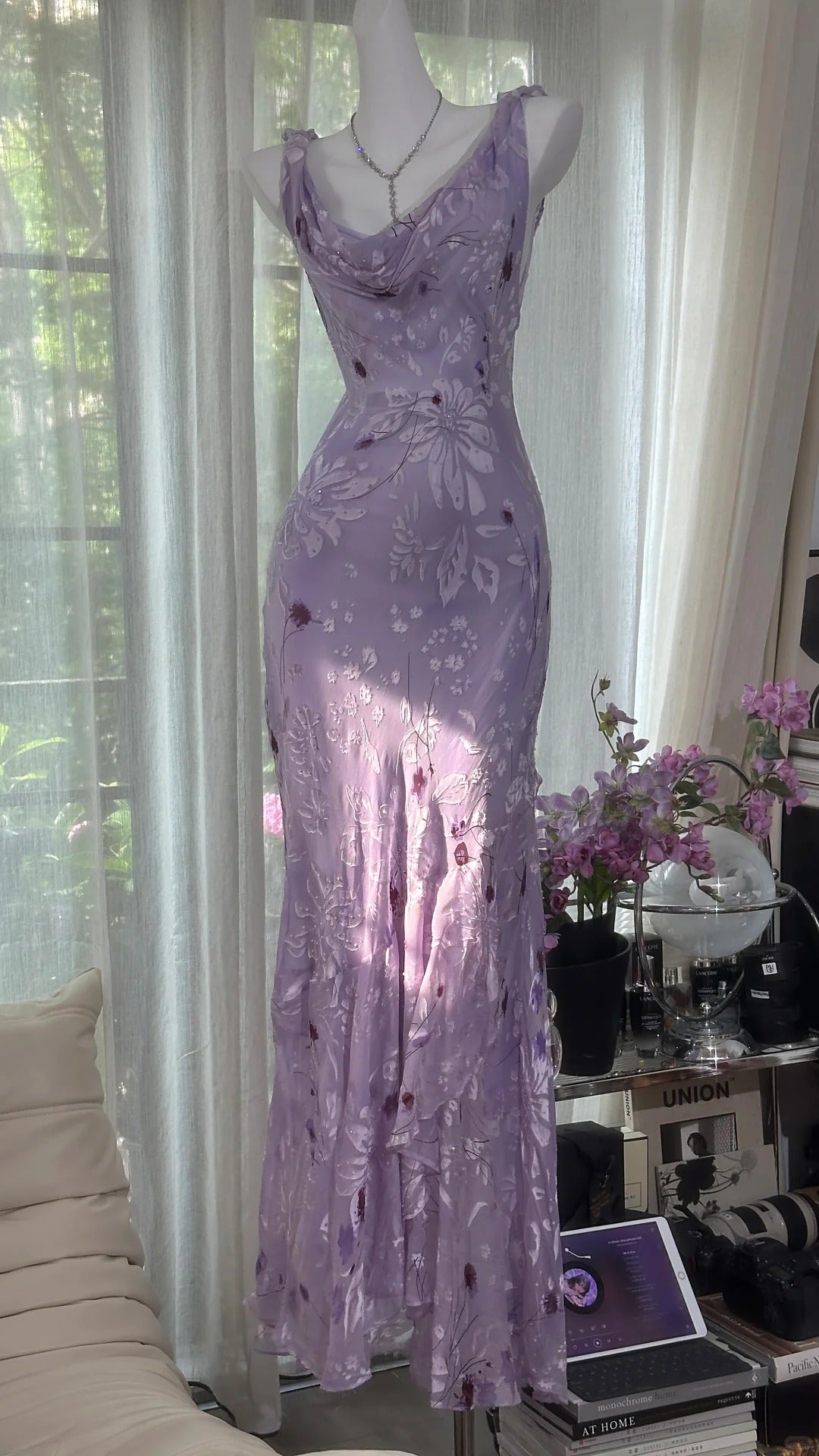 Glam Purple Vintage Sheath Chiffon Floral Long Formal Dress Beaded Graduation Dress Birthday Prom Dresses