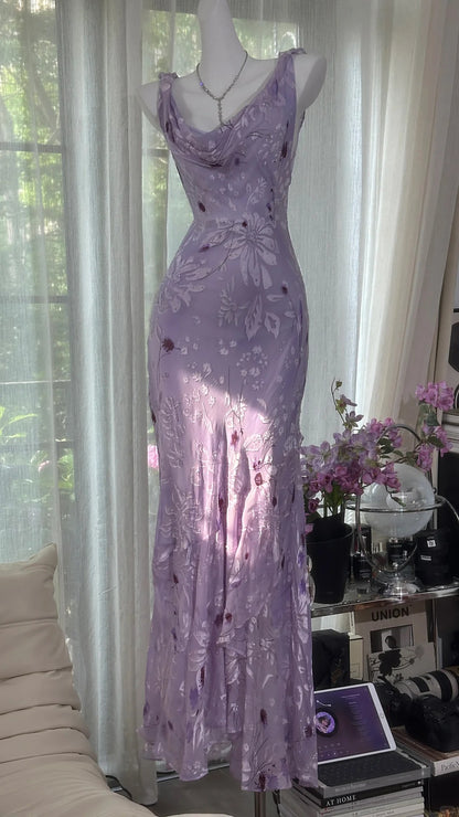 Glam Purple Vintage Sheath Chiffon Floral Long Formal Dress Beaded Graduation Dress Birthday Prom Dresses