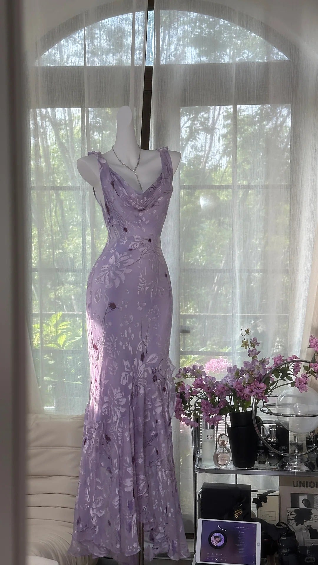 Glam Purple Vintage Sheath Chiffon Floral Long Formal Dress Beaded Graduation Dress Birthday Prom Dresses