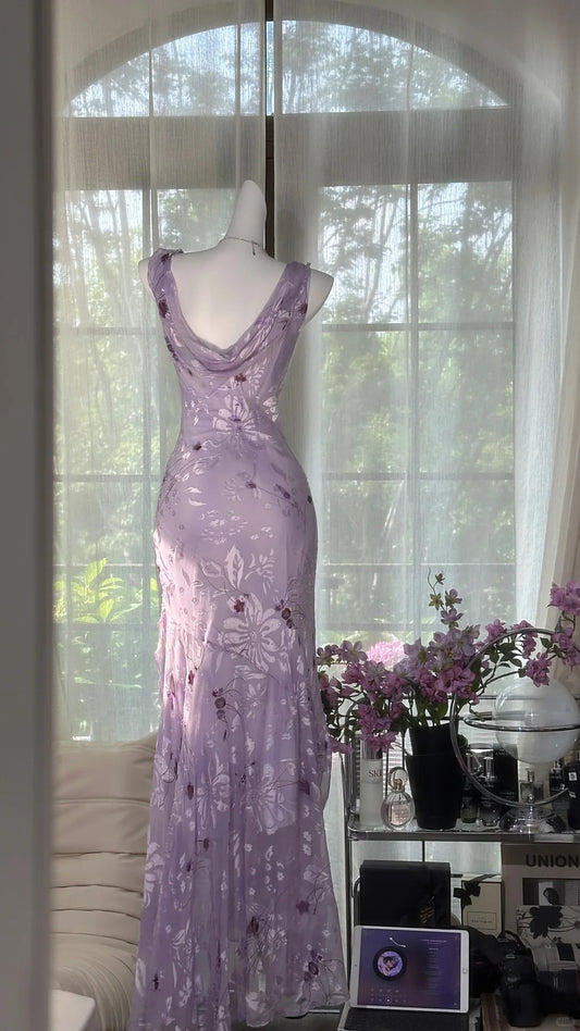 Glam Purple Vintage Sheath Chiffon Floral Long Formal Dress Beaded Graduation Dress Birthday Prom Dresses