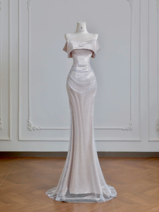 Superbe robe de soirée longue en satin fuchsia, style sirène, sans bretelles, ED02613