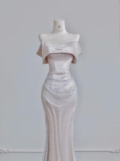 Superbe robe de soirée longue en satin fuchsia, style sirène, sans bretelles, ED02613