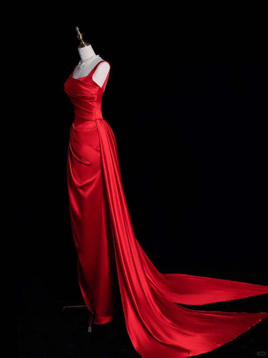 Superbe robe de soirée longue en satin fuchsia, style sirène, sans bretelles, ED02613