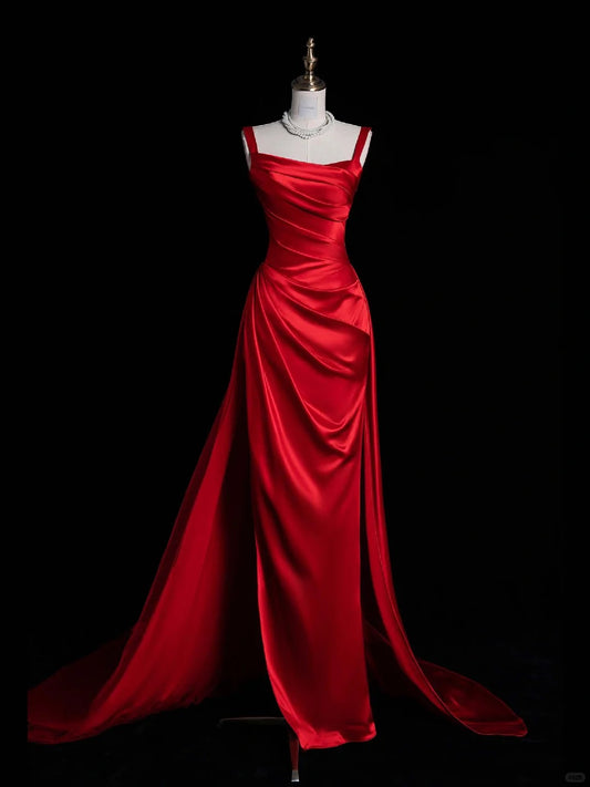 Superbe robe de soirée longue en satin fuchsia, style sirène, sans bretelles, ED02613