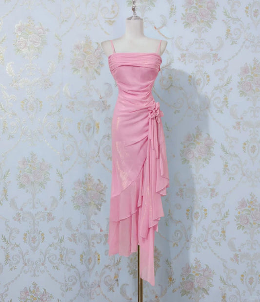 Superbe robe de soirée longue en satin fuchsia, style sirène, sans bretelles, ED02613