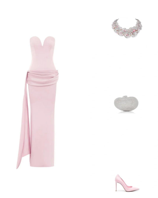 Superbe robe de soirée longue en satin fuchsia, style sirène, sans bretelles, ED02613