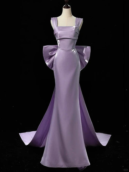 Superbe robe de soirée longue en satin fuchsia, style sirène, sans bretelles, ED02613