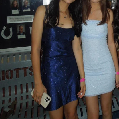 Modest Blue Strapless Sheath Short Homecoming Dress Fashion Sparkly Party Dress Satin 18th Birthday Outfit ED03655