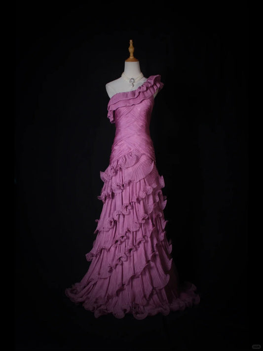 Superbe robe de soirée longue en satin fuchsia, style sirène, sans bretelles, ED02613