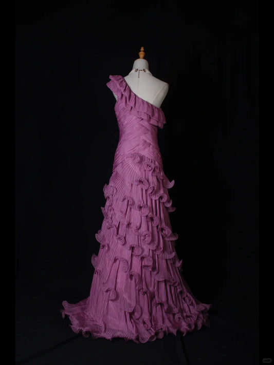 Superbe robe de soirée longue en satin fuchsia, style sirène, sans bretelles, ED02613