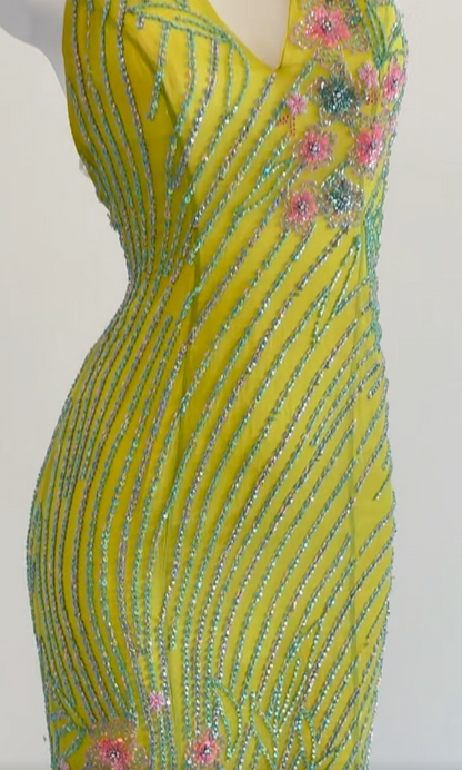 Vintage Yellow Memaid Formal Dress Elegant Beaded Halter Evening Gowns Backless Graduation Dress ED03692