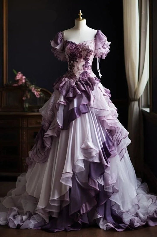 Gorgeous Purple Ball Gown Tulle Formal Dress Elegant V-neck Quinceanera Dress Long Prom Dresses ED03695