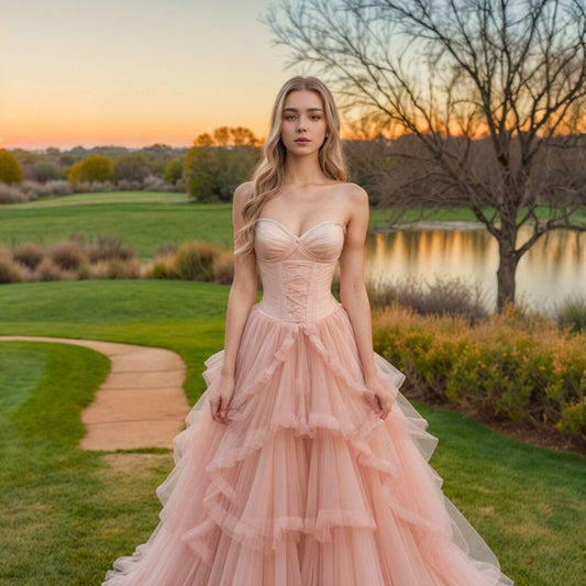 Gorgeous Blush Pink Ball Gown Tulle Quinceanera Dress Sweet 16 Dress Sweetheart Long Prom Dresses ED03696