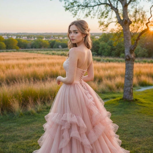 Gorgeous Blush Pink Ball Gown Tulle Quinceanera Dress Sweet 16 Dress Sweetheart Long Prom Dresses ED03696