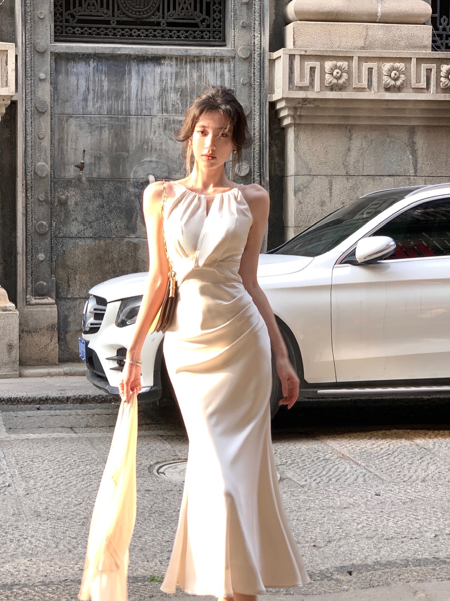 halter sling dress Asdoklhq Summer Corset Dress Midi Dress Halter Dresses Fashion Women Summer Round-Neck Casual Solid Sleeveless Sleepshirts Sling Backless Dress Beige