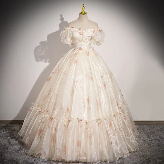 Elegant Off-the-shoulder Light Champagne Ball Gown Quinceanera Dress Organza Sweet 16 Dress ED03702