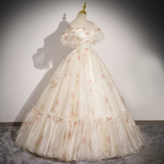 Elegant Off-the-shoulder Light Champagne Ball Gown Quinceanera Dress Organza Sweet 16 Dress ED03702