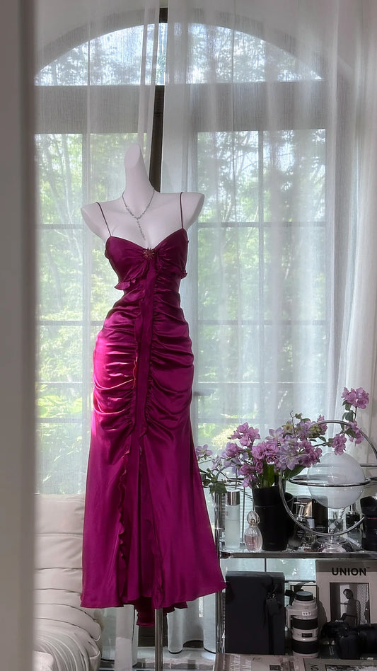 Superbe robe de soirée longue en satin fuchsia, style sirène, sans bretelles, ED02613