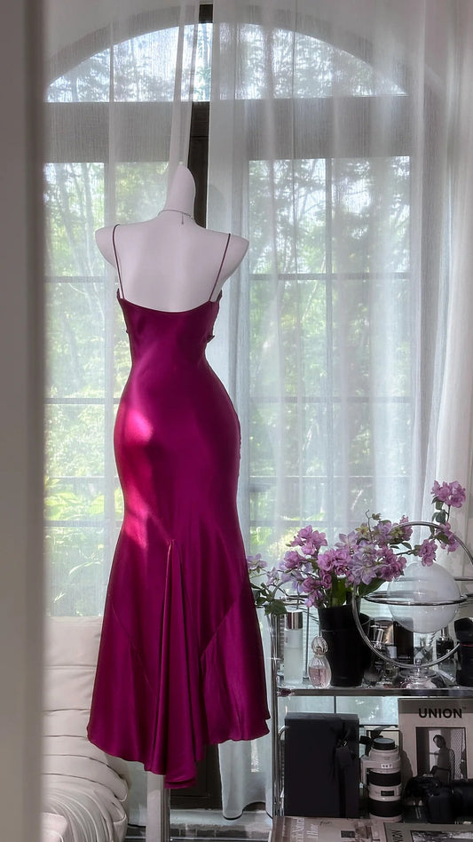 Superbe robe de soirée longue en satin fuchsia, style sirène, sans bretelles, ED02613