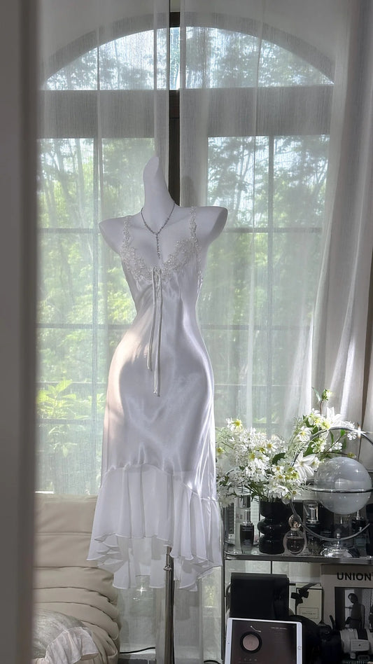 Elegant White Sheath Pool Party Dress Satin Spaghetti Strap Short Birthday Dress ED03710