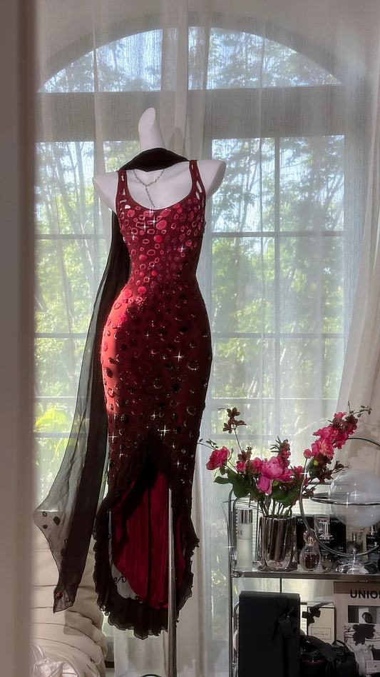 Elegant Gradient Burgundy Sheath Evening Dress Vintage Chiffon Short Formal Dress ED03711