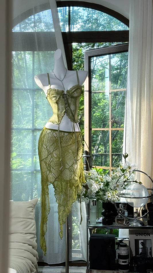 Elegant Green Lace Spaghetti Strap Two-Piece Pool Party Dress Cocktail Dress ED03713