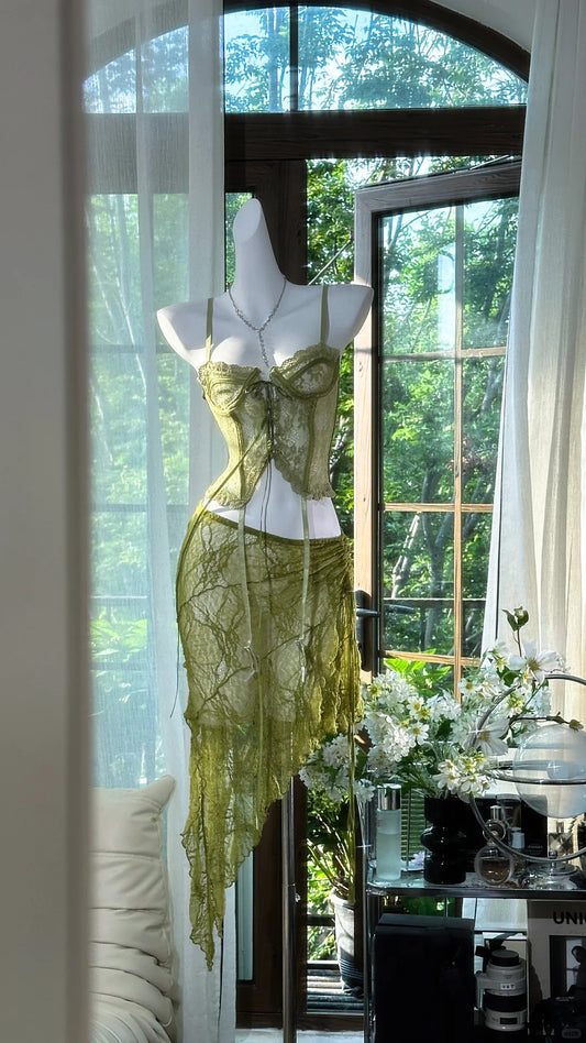 Elegant Green Lace Spaghetti Strap Two-Piece Pool Party Dress Cocktail Dress ED03713