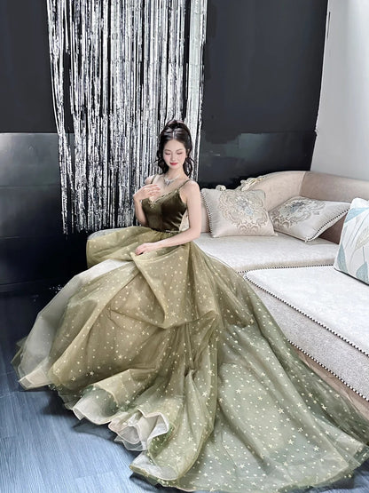 Elegant Olive Green A-Line Long Prom Dresses Tulle Spaghetti Strap Evening Dress Sweet 16 Dress ED03714