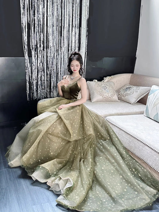 Elegant Olive Green A-Line Long Prom Dresses Tulle Spaghetti Strap Evening Dress Sweet 16 Dress ED03714