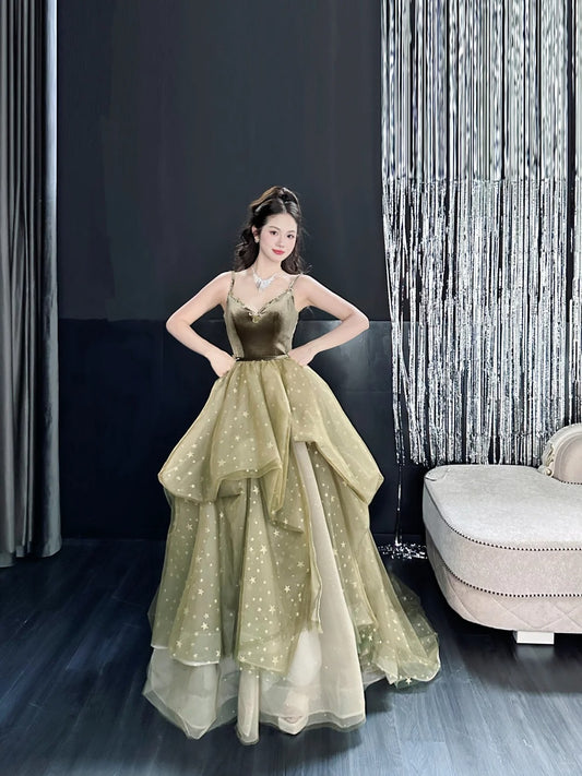 Elegant Olive Green A-Line Long Prom Dresses Tulle Spaghetti Strap Evening Dress Sweet 16 Dress ED03714