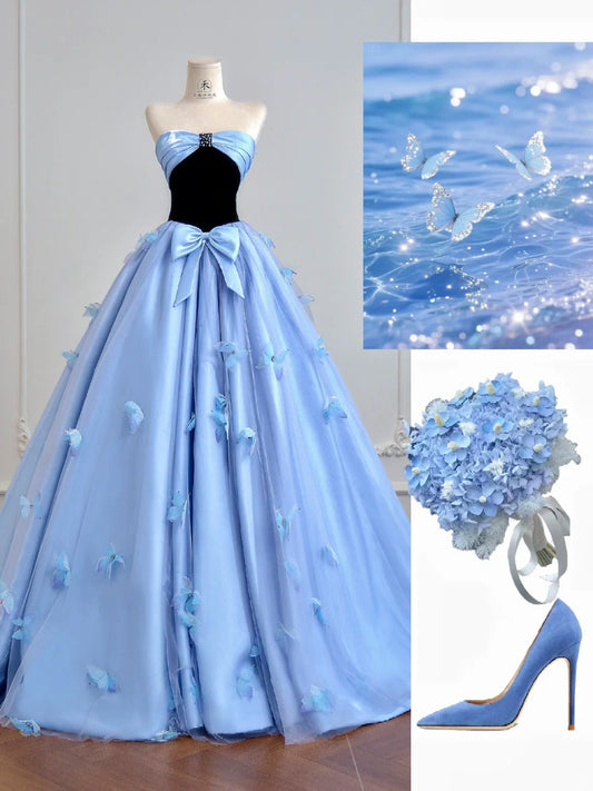 Elegant Blue A-Line Long Prom Dresses Satin Sweetheart Bow Formal Evening Dress Sweet 16 Dress ED03716