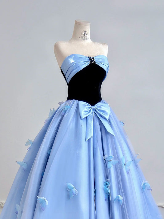 Elegant Blue A-Line Long Prom Dresses Satin Sweetheart Bow Formal Evening Dress Sweet 16 Dress ED03716