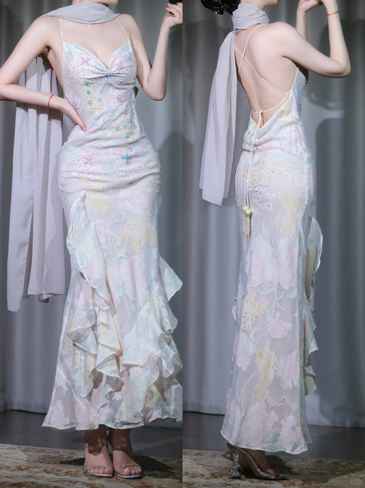 Superbe robe de soirée longue en satin fuchsia, style sirène, sans bretelles, ED02613