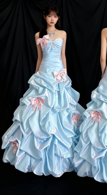 Vintage Blue Ball Gown Prom Dress Sweetheart Neck Satin Quinceanera Dress Bow Sweet 16 Dress ED03720