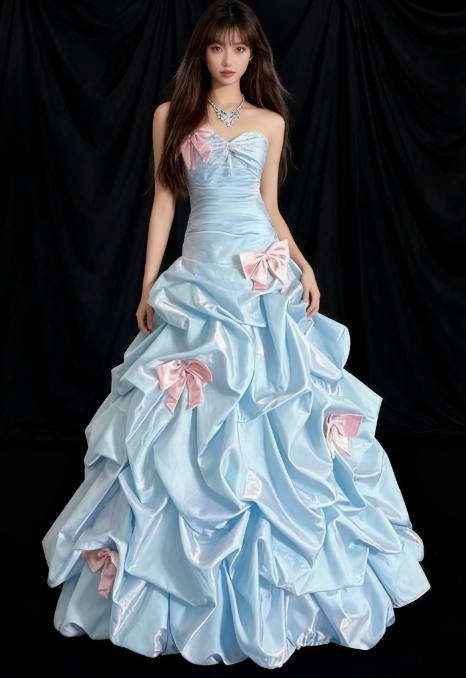Vintage Blue Ball Gown Prom Dress Sweetheart Neck Satin Quinceanera Dress Bow Sweet 16 Dress ED03720