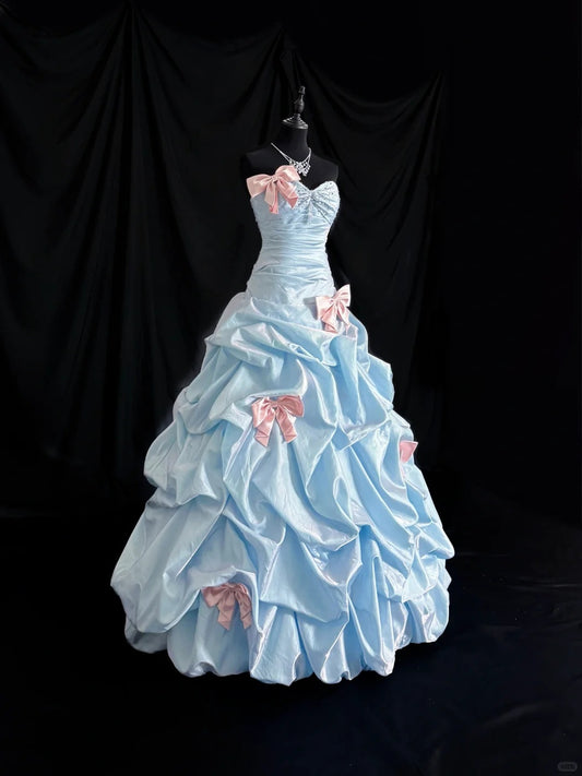 Vintage Blue Ball Gown Prom Dress Sweetheart Neck Satin Quinceanera Dress Bow Sweet 16 Dress ED03720