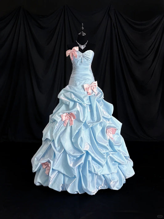 Vintage Blue Ball Gown Prom Dress Sweetheart Neck Satin Quinceanera Dress Bow Sweet 16 Dress ED03720