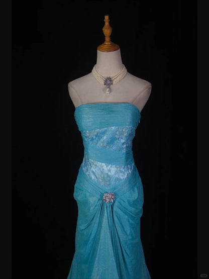 Superbe robe de soirée longue en satin fuchsia, style sirène, sans bretelles, ED02613