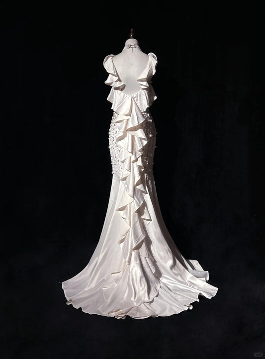 Superbe robe de soirée longue en satin fuchsia, style sirène, sans bretelles, ED02613