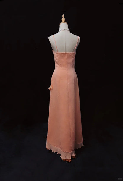 Vintage Sheath Spaghetti Strap Long Prom Dress Fairytale Chiffon Beaded Formal Dress Orange Birthday Party Dress ED03727