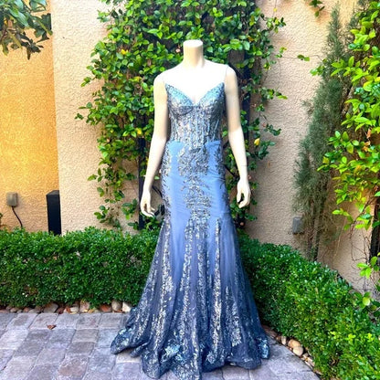 Elegant Blue V-Neck Mermaid Evening Dress Sparkly Sequined Tulle Long Prom Dress Sweet Birthday Dress ED03739