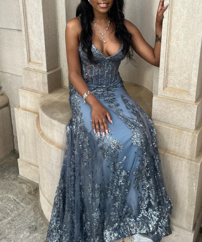 Elegant Blue V-Neck Mermaid Evening Dress Sparkly Sequined Tulle Long Prom Dress Sweet Birthday Dress ED03739