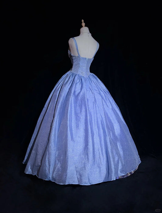 Vintage Blue Spaghetti Strap Ball Gown Quinceanera Dress Elegant Beaded Evening Gown Glitter Birthday Dress ED03754