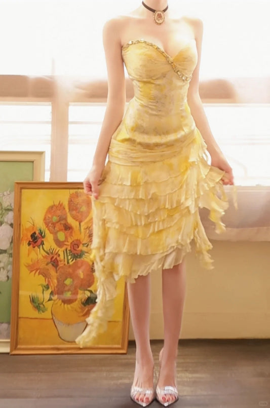 Vintage Sweetheart Neck Sheath Short Birthday Dress Yellow Chiffon Party Dress Homecoming Dress  ED03773