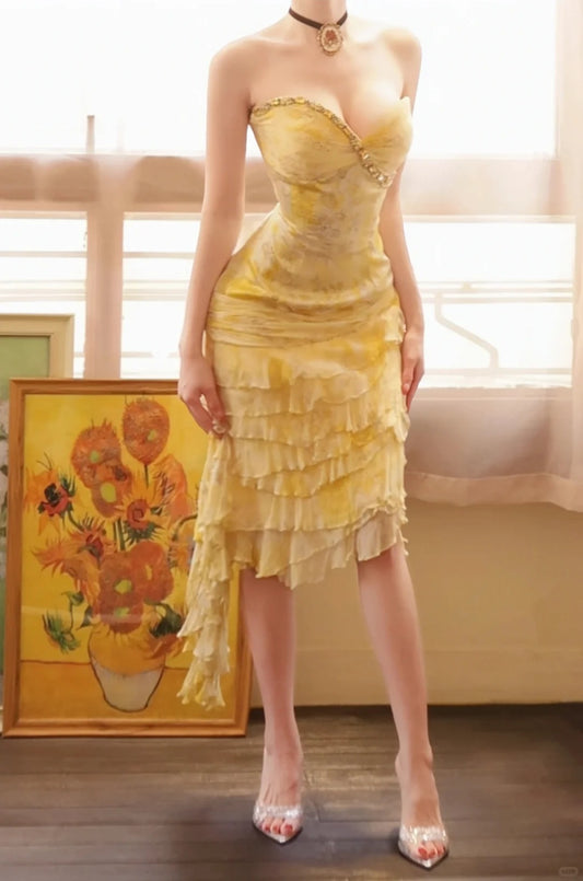 Vintage Sweetheart Neck Sheath Short Birthday Dress Yellow Chiffon Party Dress Homecoming Dress  ED03773